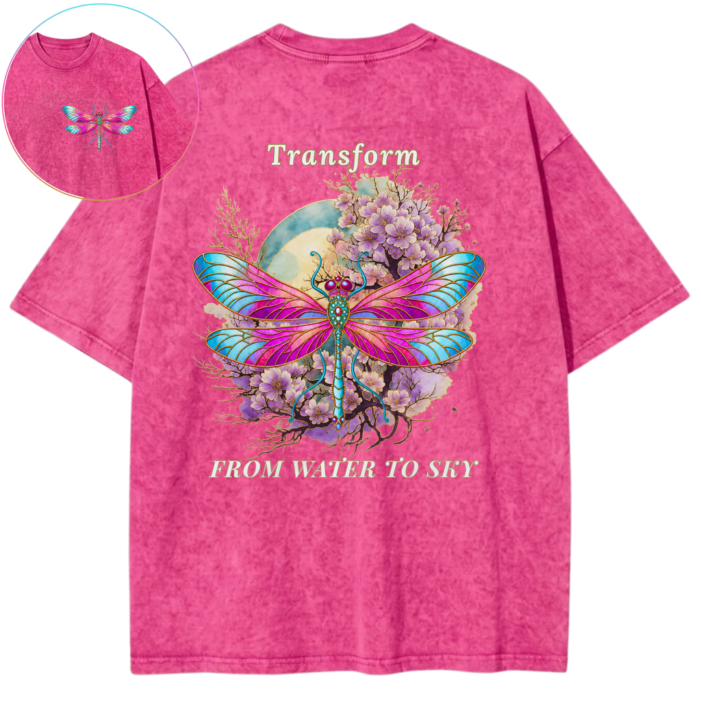 Transform From Water To Sky Dragonfly Purple Bloom Vintage Wash Oversized T-Shirt
