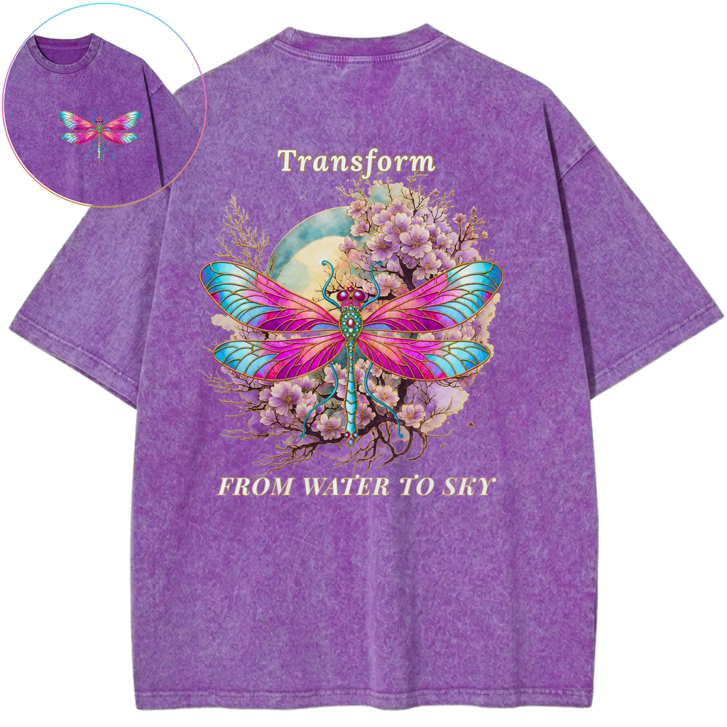 Transform From Water To Sky Dragonfly Purple Bloom Vintage Wash Oversized T-Shirt