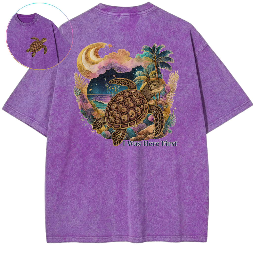 I Was Here First Sea Turtle Sunset Protection Vintage Wash Oversized T-Shirt