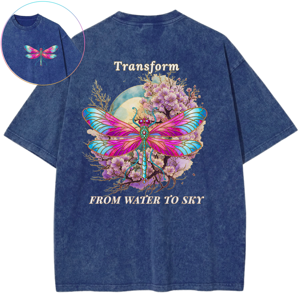 Transform From Water To Sky Dragonfly Purple Bloom Vintage Wash Oversized T-Shirt