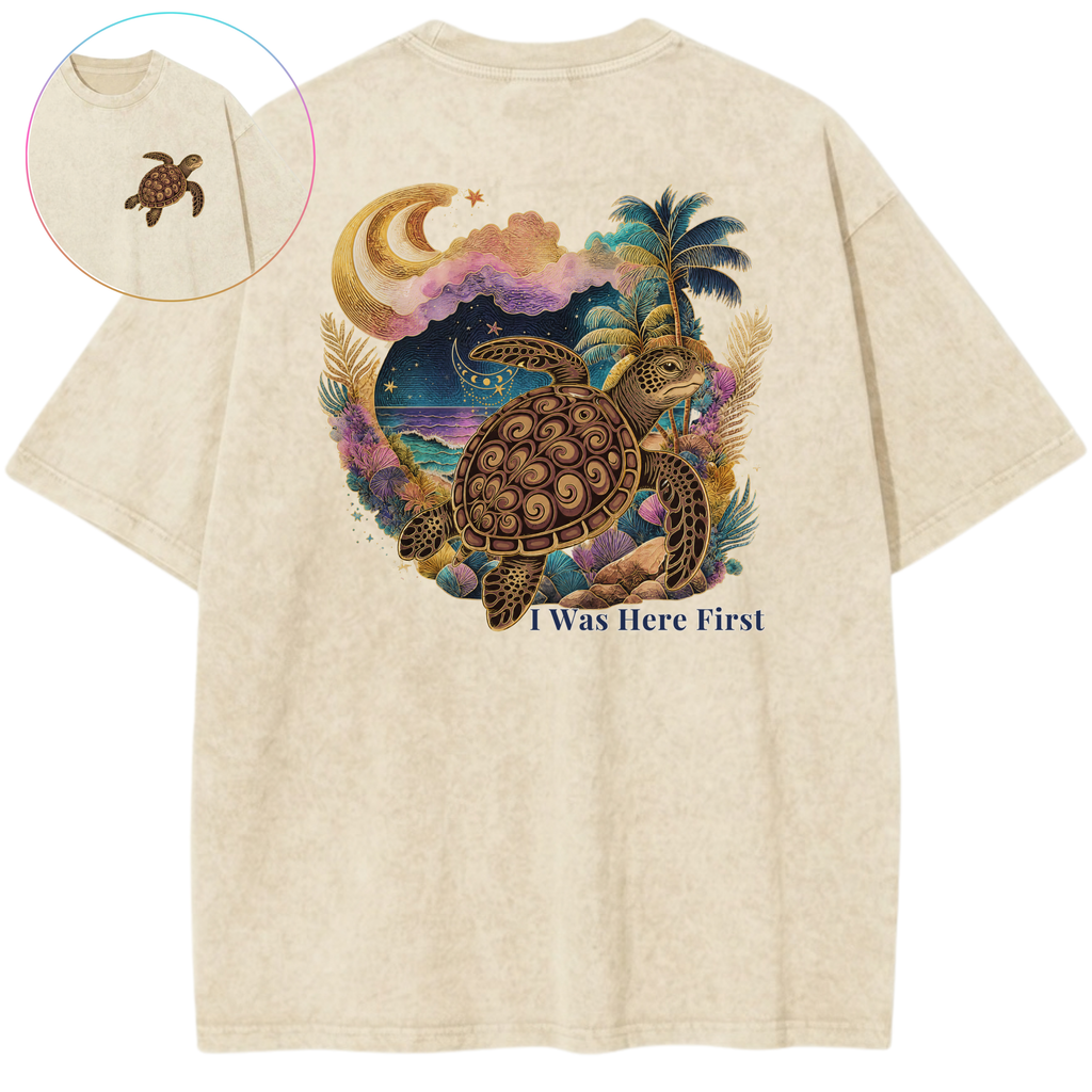 I Was Here First Sea Turtle Sunset Protection Vintage Wash Oversized T-Shirt