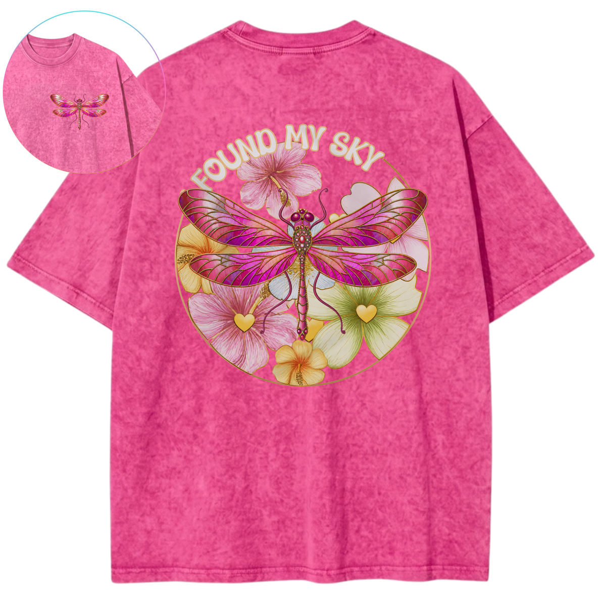 I Found My Sky Dragonfly Yellow Blooms Vintage Wash Oversized T-Shirt