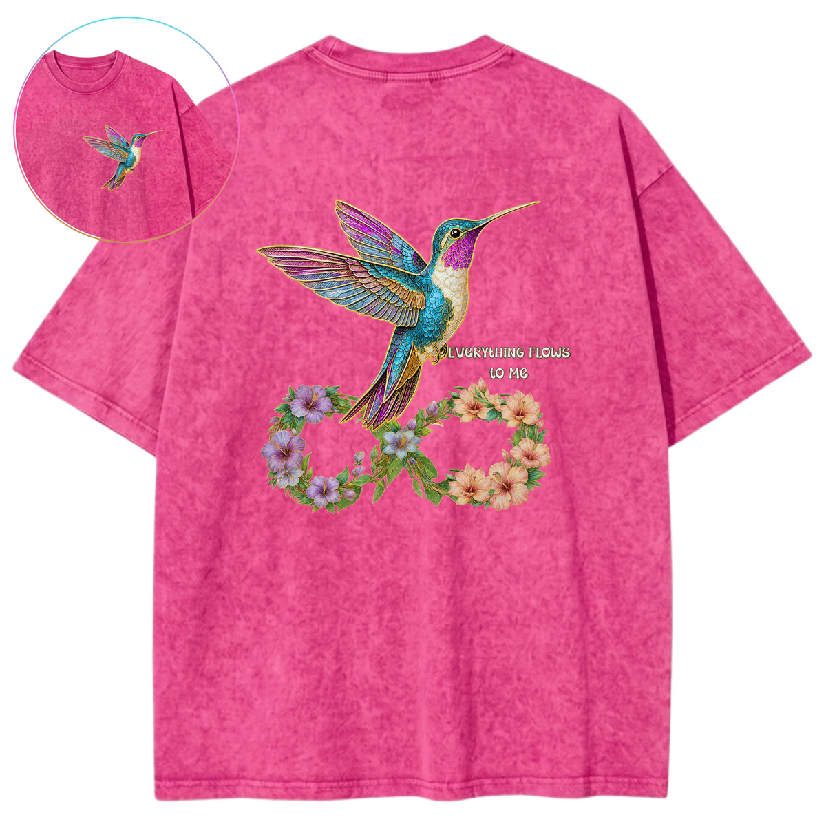 Infinite Blessing Hummingbird Floral Sacred Energy Vintage Wash Oversized T-Shirt