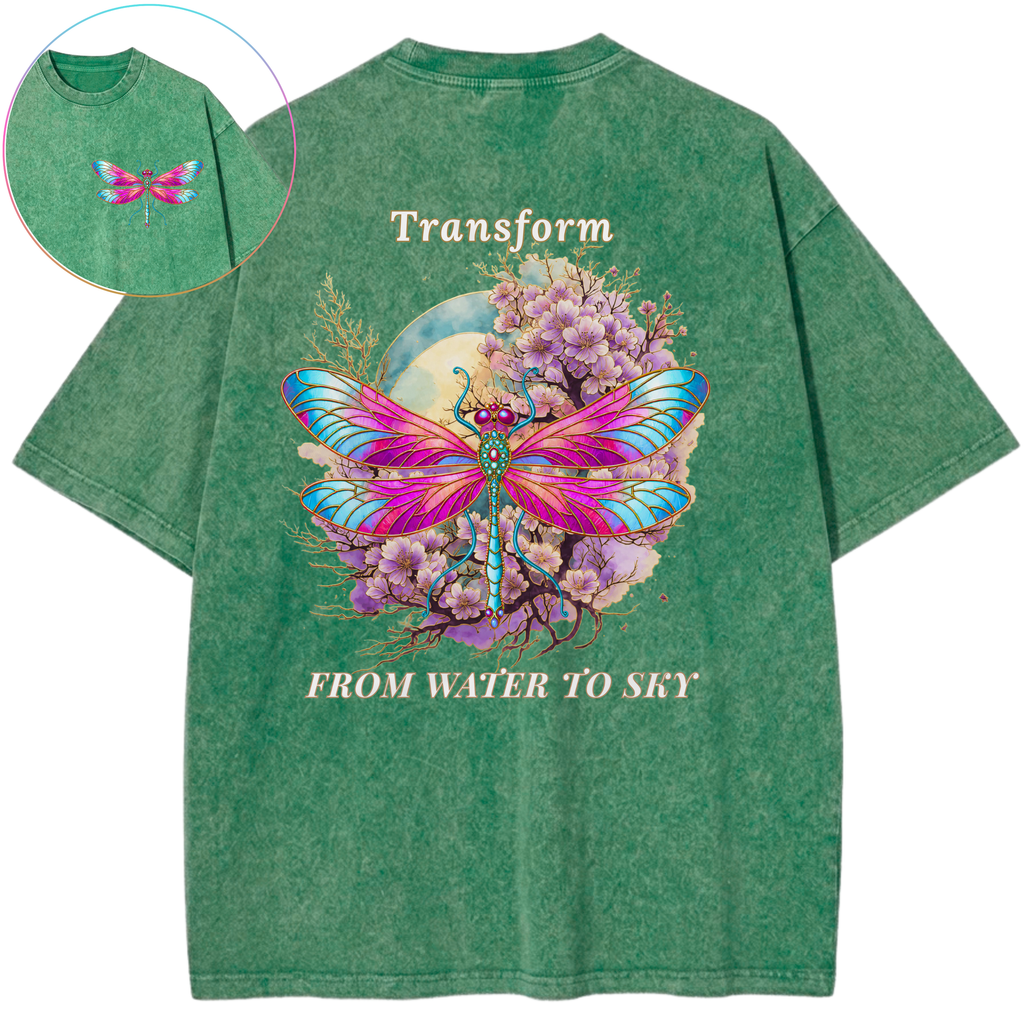 Transform From Water To Sky Dragonfly Purple Bloom Vintage Wash Oversized T-Shirt