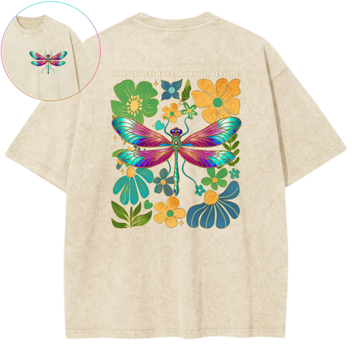 Born To Fly Free Born To Become Dragonfly Green & Blue Blooms Vintage Wash Oversized T-Shirt