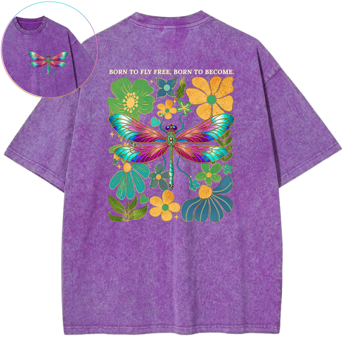 Born To Fly Free Born To Become Dragonfly Green & Blue Blooms Vintage Wash Oversized T-Shirt