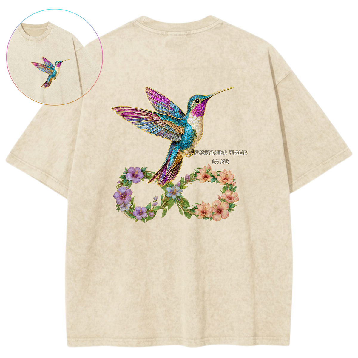 Infinite Blessing Hummingbird Floral Sacred Energy Vintage Wash Oversized T-Shirt