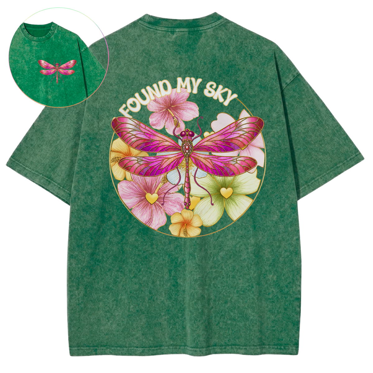 I Found My Sky Dragonfly Yellow Blooms Vintage Wash Oversized T-Shirt