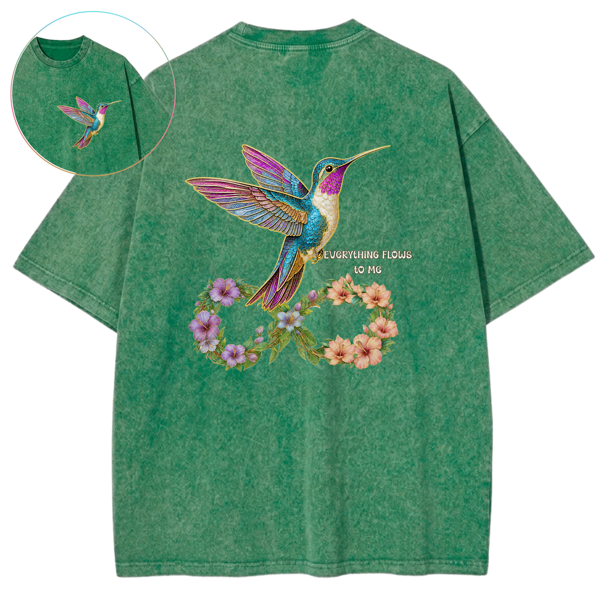 Infinite Blessing Hummingbird Floral Sacred Energy Vintage Wash Oversized T-Shirt