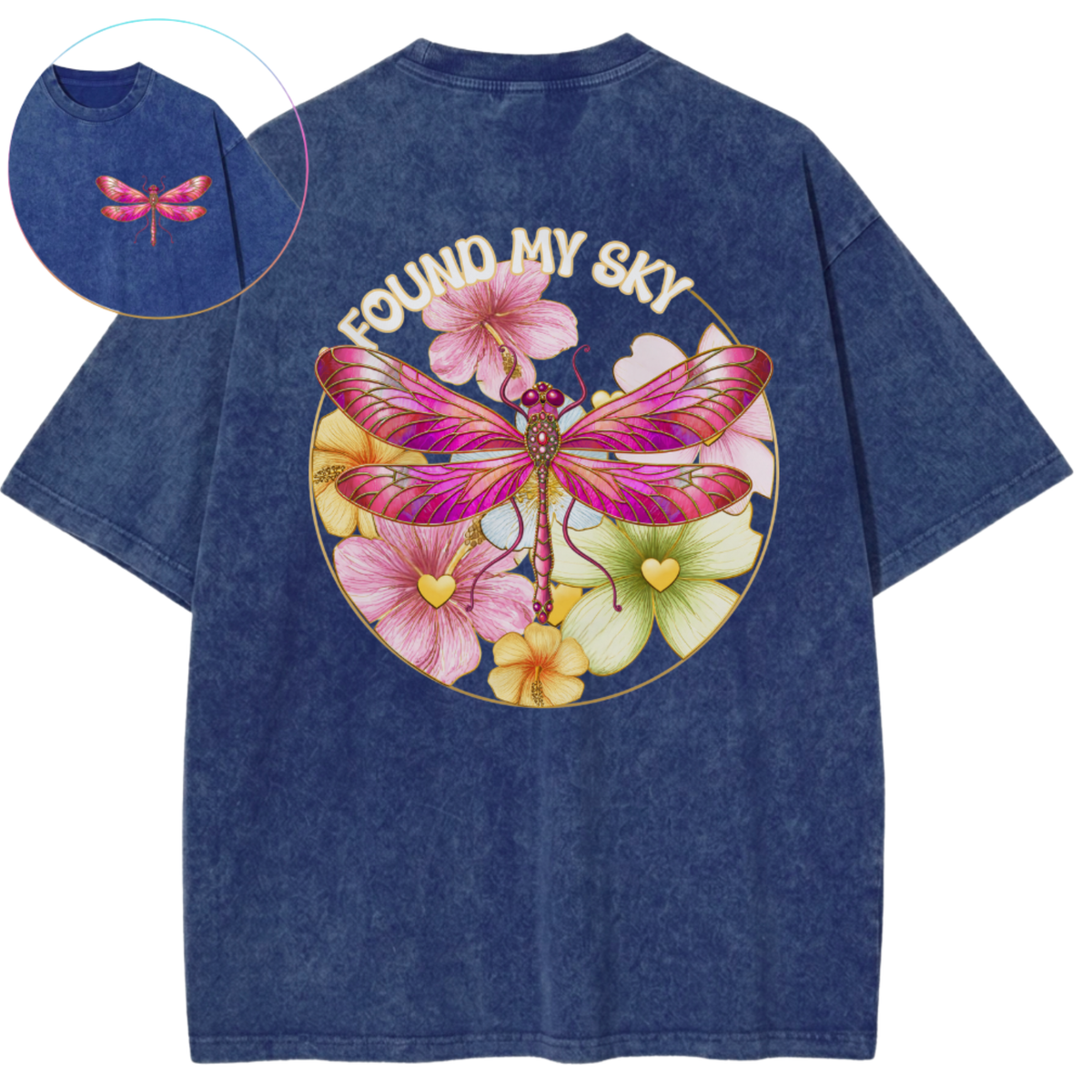 I Found My Sky Dragonfly Yellow Blooms Vintage Wash Oversized T-Shirt