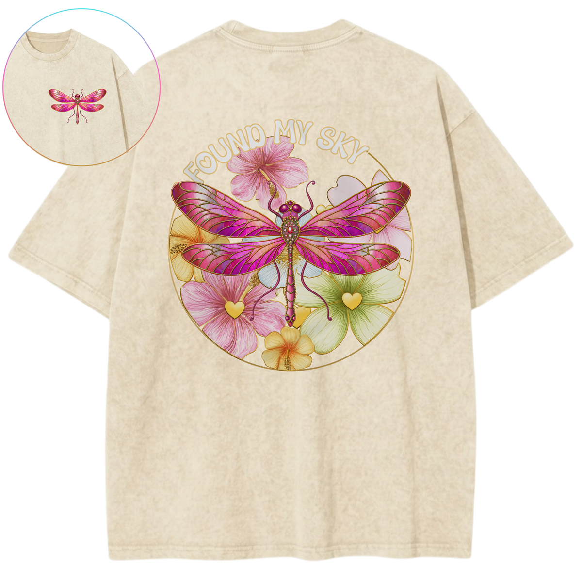 I Found My Sky Dragonfly Yellow Blooms Vintage Wash Oversized T-Shirt