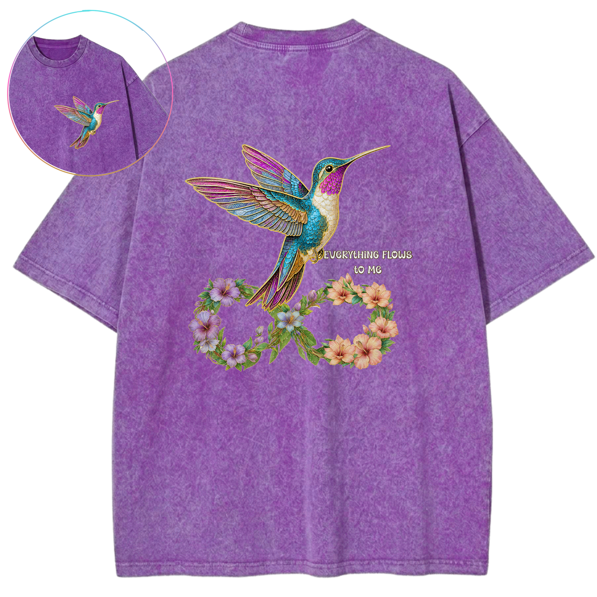 Infinite Blessing Hummingbird Floral Sacred Energy Vintage Wash Oversized T-Shirt