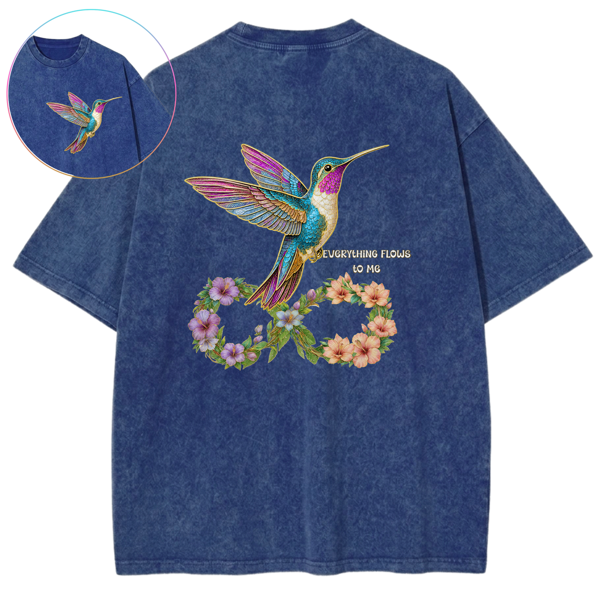 Infinite Blessing Hummingbird Floral Sacred Energy Vintage Wash Oversized T-Shirt