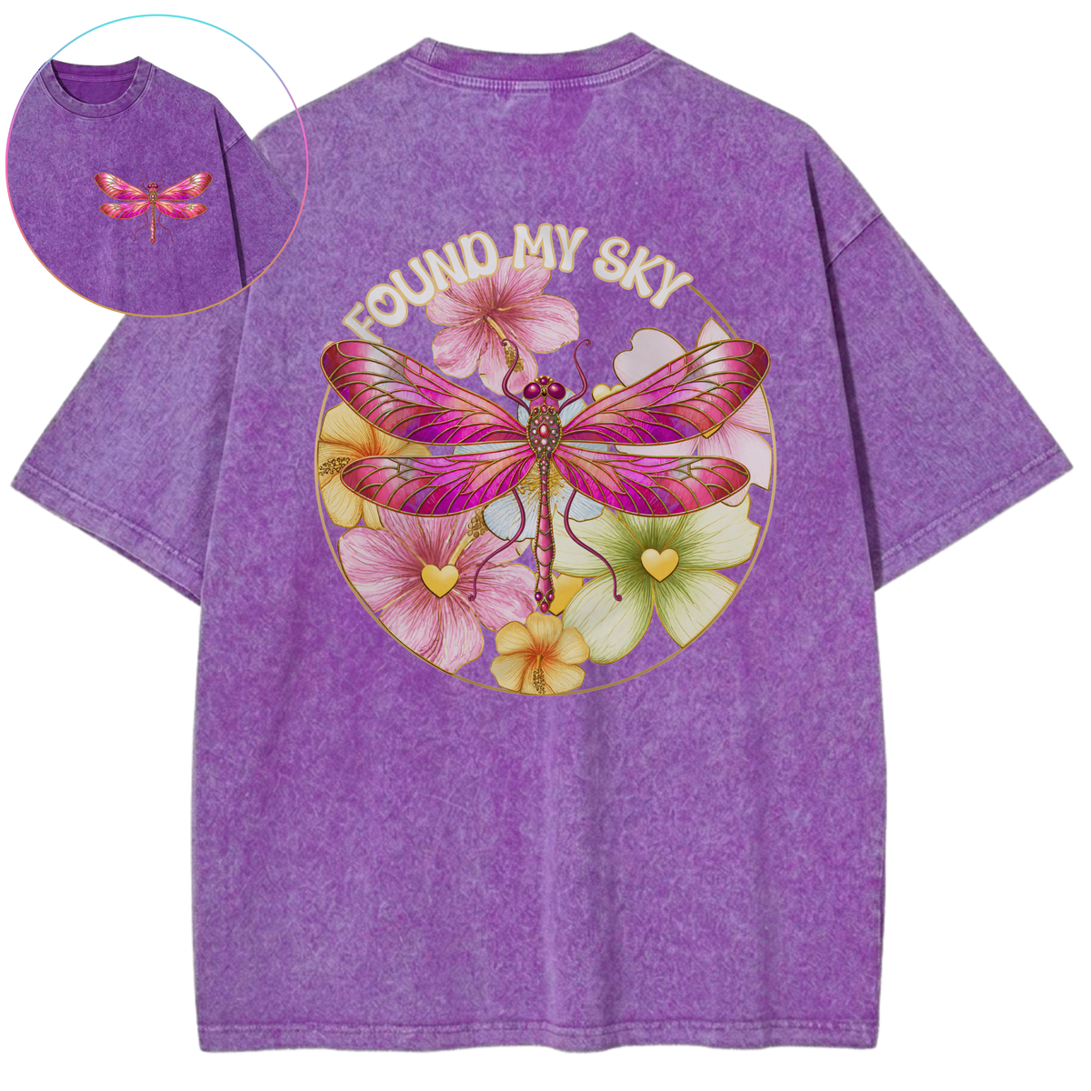 I Found My Sky Dragonfly Yellow Blooms Vintage Wash Oversized T-Shirt