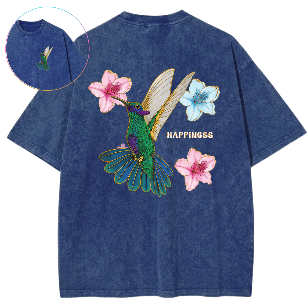 Happiness Hummingbird In Flight Floral Magic Vintage Wash Oversized T-Shirt