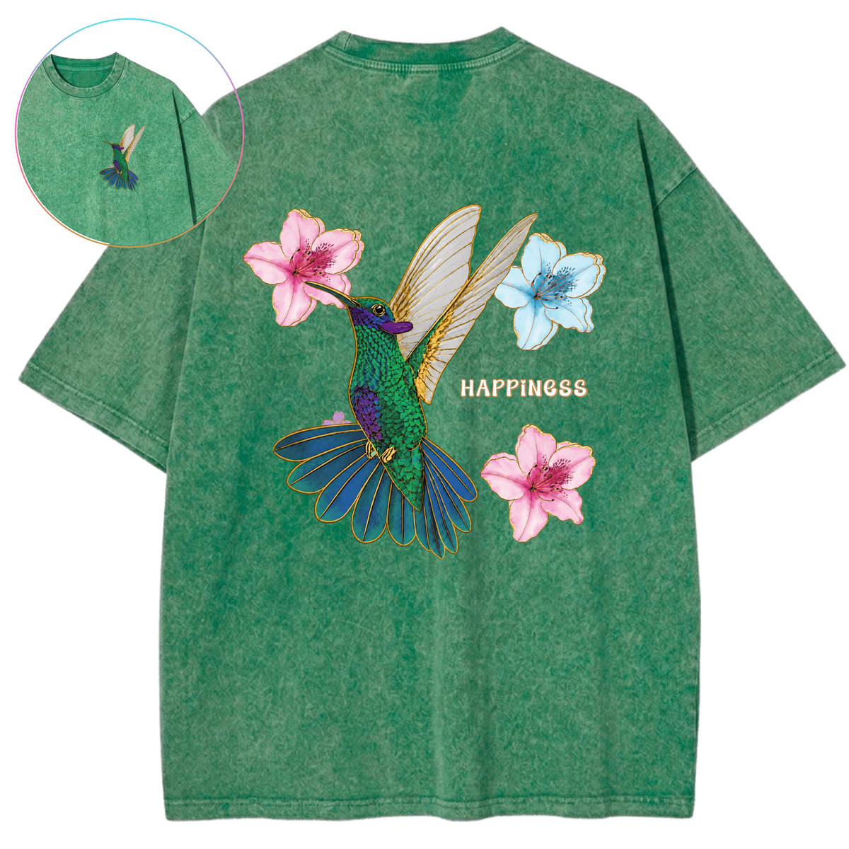 Happiness Hummingbird In Flight Floral Magic Vintage Wash Oversized T-Shirt