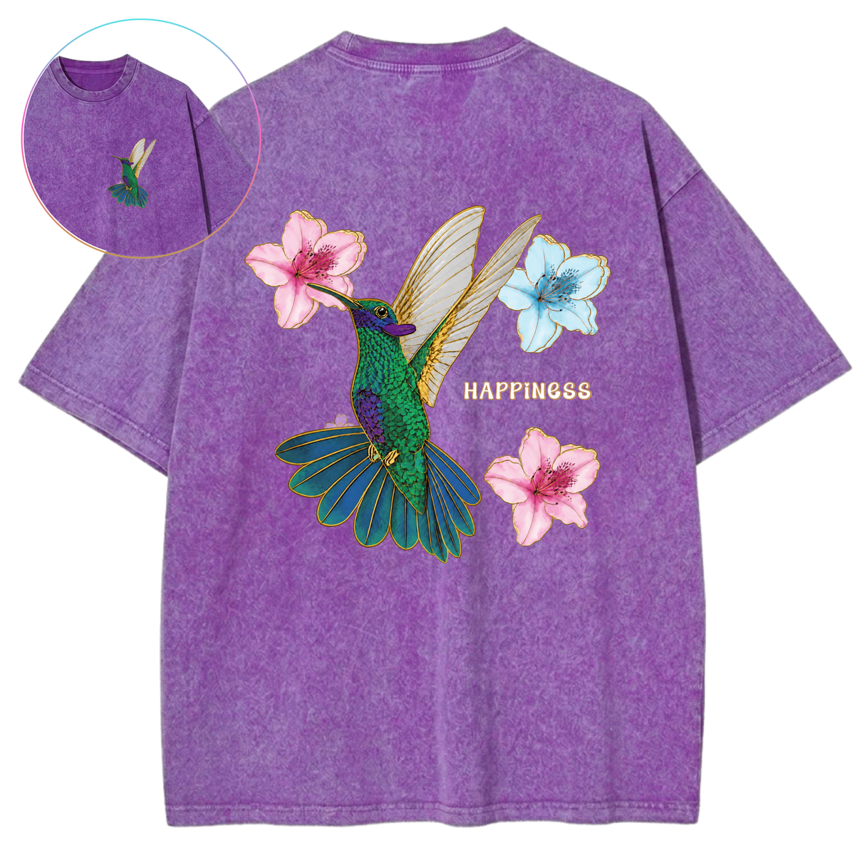 Happiness Hummingbird In Flight Floral Magic Vintage Wash Oversized T-Shirt