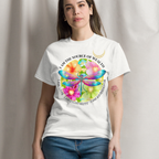 Comfy & Fresh T-Shirt – “I Am the Source of Wealth, Love, Prosperity & Abundance” – My Divine Right, Spiritual Dragonfly & Floral Circle Design, Front Print