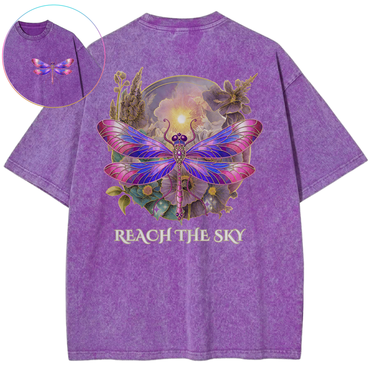 Transform From Water To Sky Dragonfly Purple Bloom Vintage Wash Oversized T-Shirt